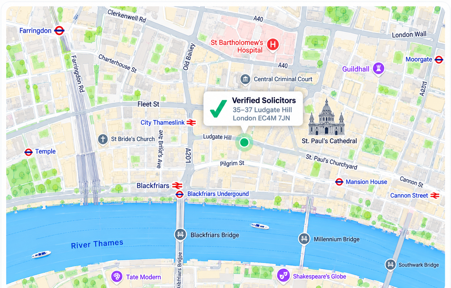 Map showing Verified Solicitors at 35–37 Ludgate Hill, London EC4M 7JN, near St Paul's Cathedral