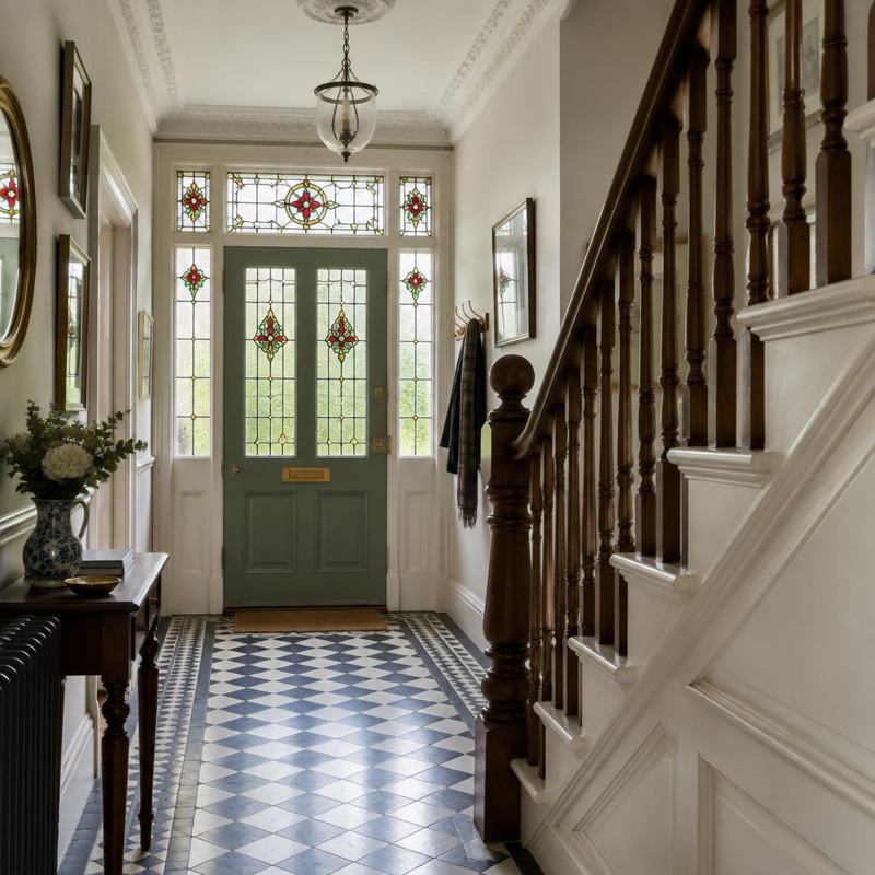 Hallway of a British home with keys and moving boxes